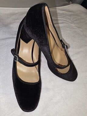 J.Crew Black Velvet Mary Jane Pumps Rhinestone Buckle Block Heel Size 9